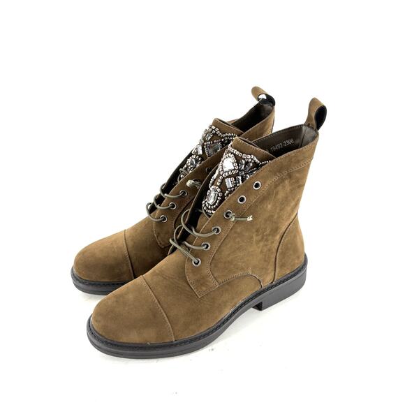 Patrizia Blazin Combat Boots 9 NWT Olive Green Jewel Lace Up Ankle Booties Suede - Picture 3 of 9